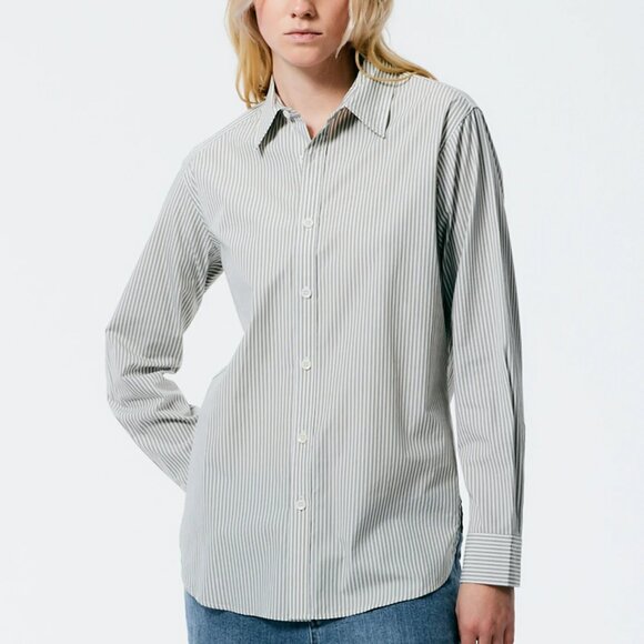 Tibi Tops - Tibi Classic Menswear Shirting Charlie Slim Men's Shirt, Tan/White multi; XXS